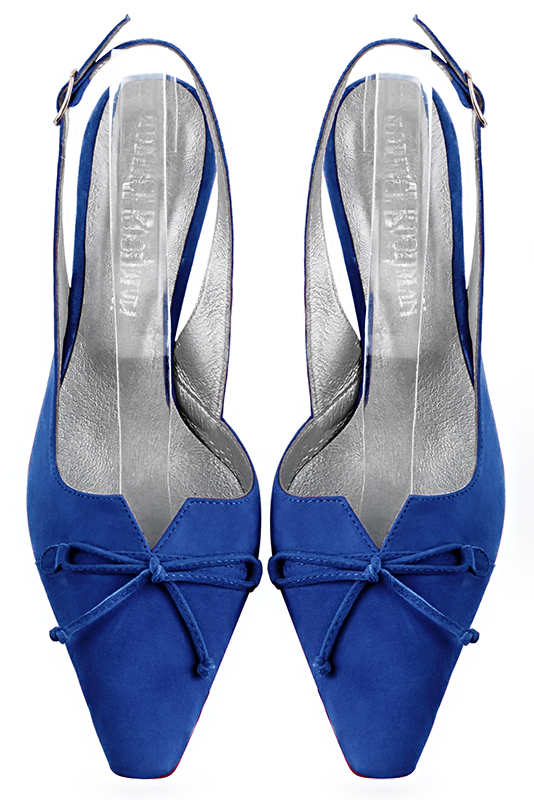 Electric blue women's open back shoes, with a knot. Tapered toe. High comma heels. Top view - Florence KOOIJMAN